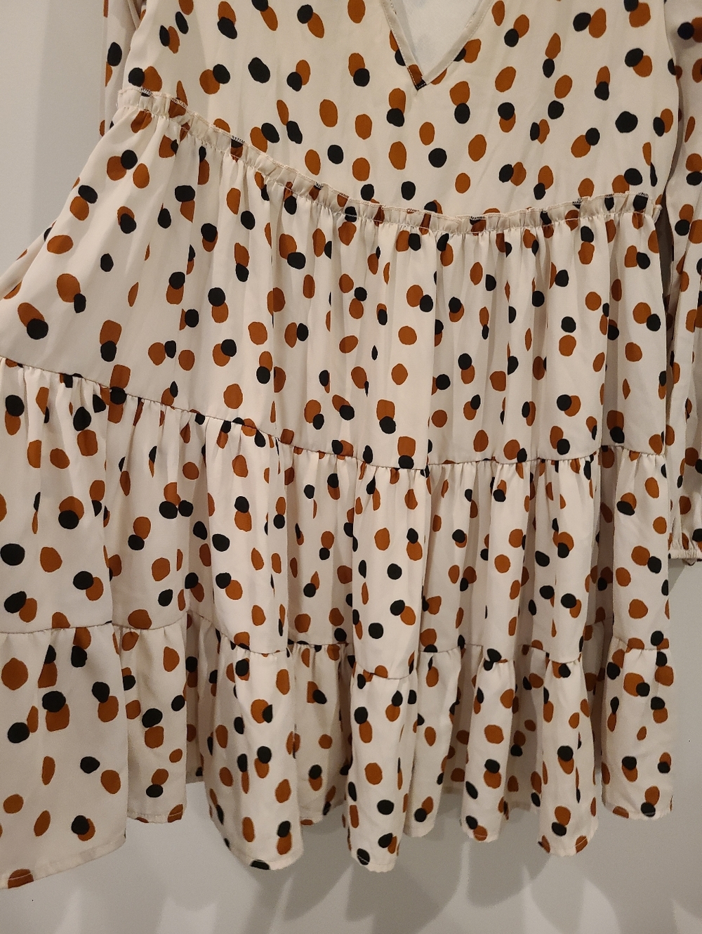 Altar'd State Brown And Black Polka Dot Oversized Tiered Ruffle Hem Mini Dress - Picture 4 of 9